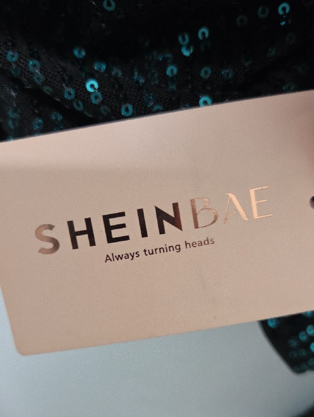 SHEIN Black Strapless Dress with Teal Sequin Draped Detail - Picture 2 of 4